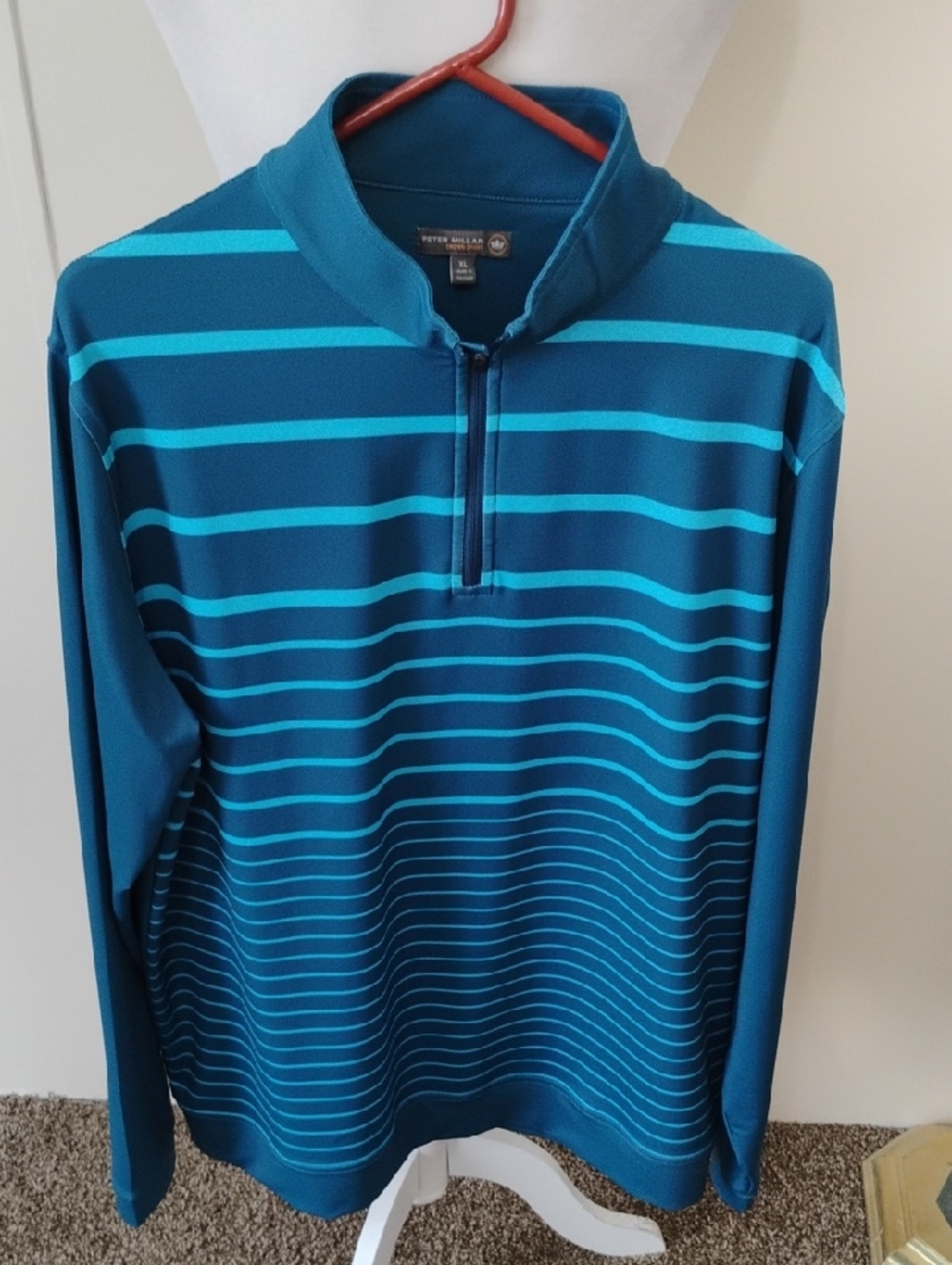 Peter Millar Teal and Aqua Striped Quarter-Zip Sweater